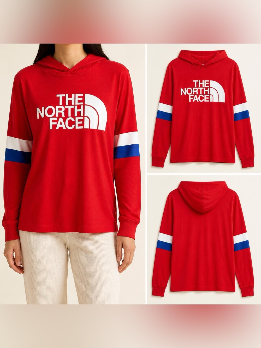 The North Face Women’s L Red Logo Hooded Long Sleeve Tee Colorblock